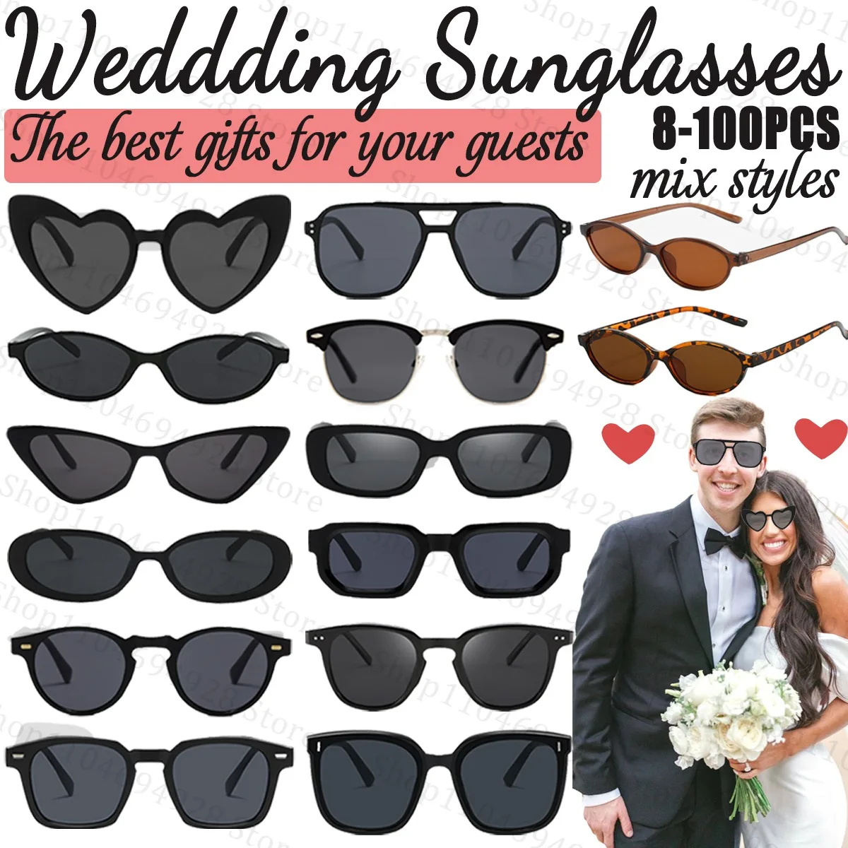8-100 Uds. Gafas de sol de boda para invitados, gafas cuadradas Retro, gafas de corazón, gafas de sol de estilo mixto para fiesta de cumpleaños de despedida de soltera