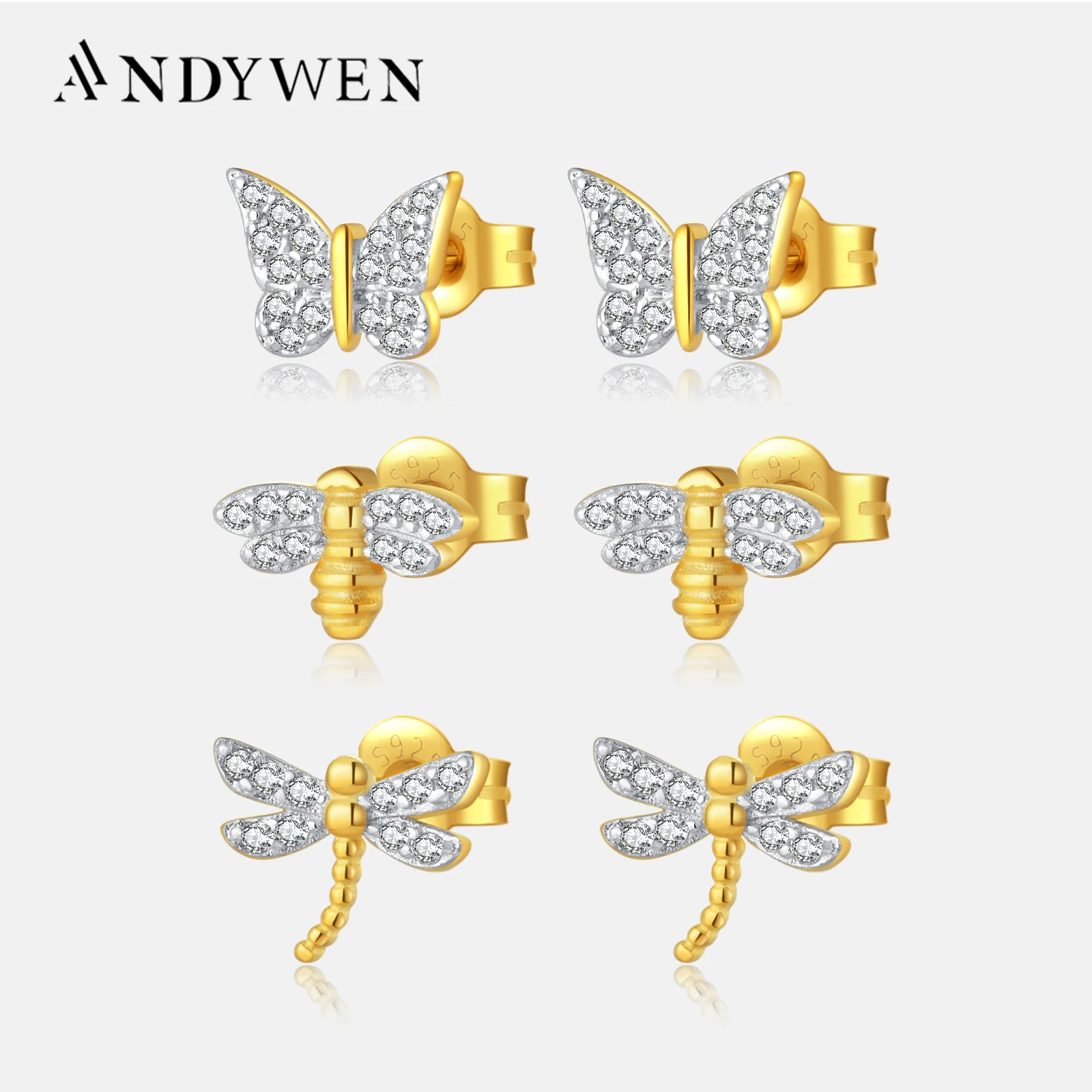 ANDYWEN 925 Sterling Silver Split Plating Butterfly Gold Animal Dragonfly Piercing Bees Pendientes Clips Fine Luxury Jewelry