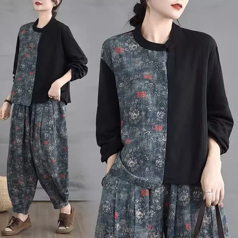 

Ethnic Style Cotton And Linen Fashion Casual Large Size Set Women's Autumn Loose Retro Top Harem Pants Two-Piece Outfits k2404