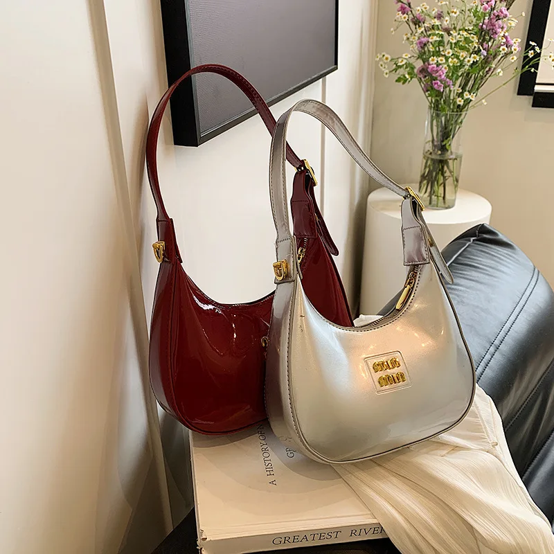 Women's Bag Patent Leather Tote Bag Fashion Shoulder Bag Versatile Crescent Bag French Brand Armpit Bag Retro Wine Red Hobo Bags