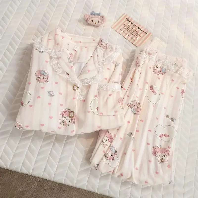 

Kawaii My Melody Пижамный комплект Аниме Девушка Мультфильм Симпатичные брюки с длинными рукавами Костюм на флисовой подкладке Утепленная домашняя одежда Кружева с кружевом Новый