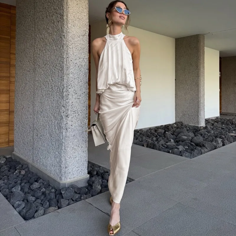 

Tsiisd Fashion Women's Halter Neck Maxi Dress Sleeveless Backless Lace-Up Luxury Elegant Evening Party Formal Women's Dresses