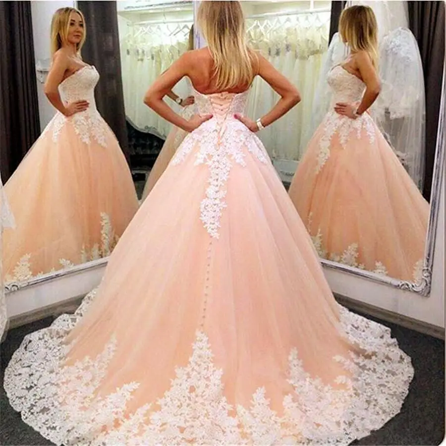 Querida decote pêssego vestido de casamento com cor bola vestidos marfim renda applique nupcial quinceanera trem vestidos de fiesta