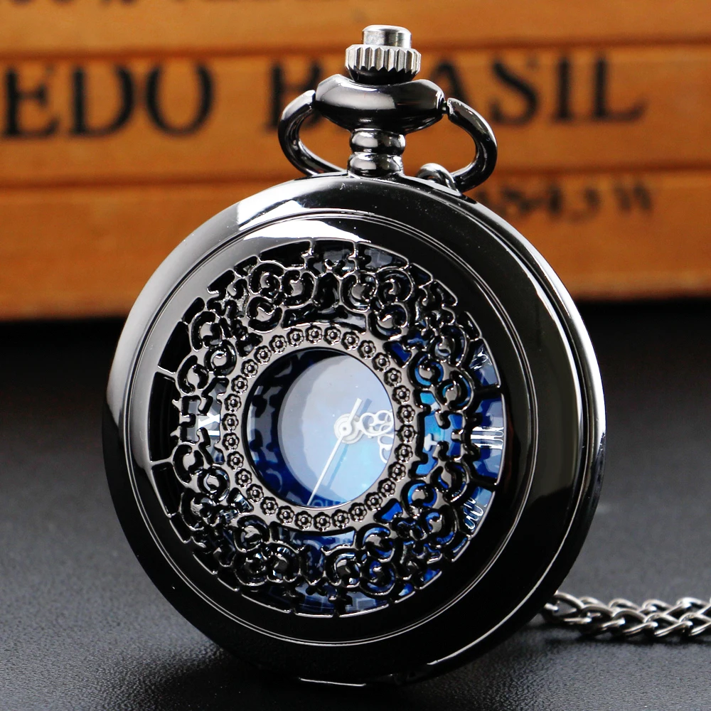 

New Art Blue Starry Sky Dial Necklace FOB Chain Skeleton Quartz Roman Numerals Case Pocket Watches With Chain Gifts