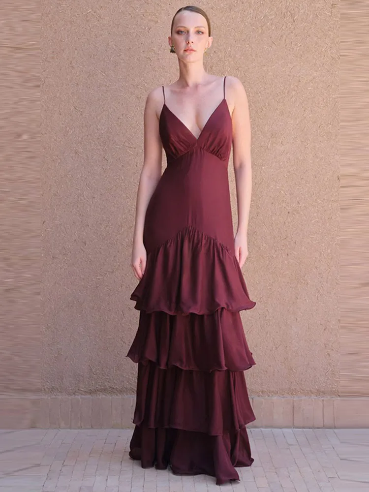 Seksowna długa sukienka z falbankami, damska, bez rękawów, z głębokim dekoltem w serek, rozkloszowana, modna sukienka damska 2025, bez pleców, zapinana na zamek, sukienka na ramiączkach.