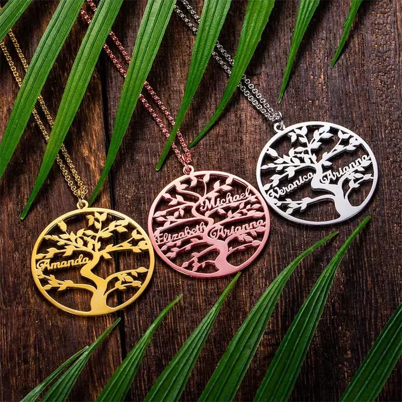 Custom Family Tree Name Necklace Personalized Stainless Steel Tree of Life Multiple Name Necklace Eternity Pendant Family Chain