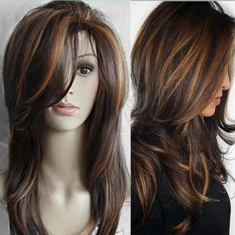 جديد النمط الأوروبي والأمريكي متموج للنساء، شعر مستعار بني طويل مجعد الاصطناعية