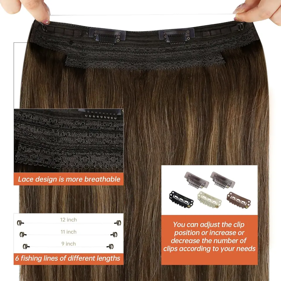 Extensión de cabello humano con hilo de pescar, Remy, invisible, una pieza, brasileño, balayage 4