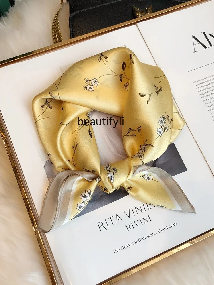 Yellow silk silk scarf women's new versatile square scarf 100% mulberry silk small scarf