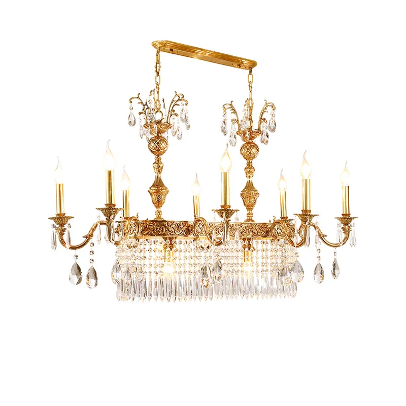 

French Brass Crystal Rectangular Chandelier Banquet Hall Dining Room Indoor Deco Light European Copper Luxury Pendant Lamp