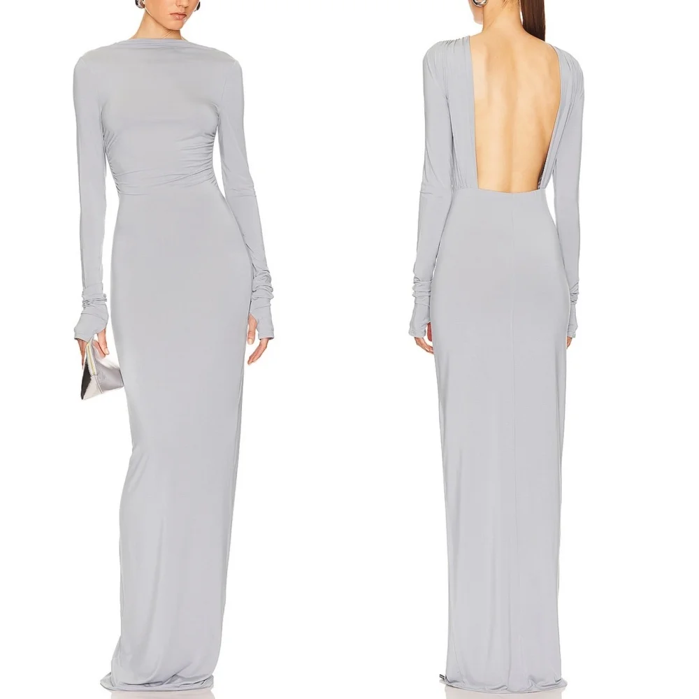 

Шифоновые плиссированные платья с круглым вырезом и длинными рукавами, длинные платья с открытой спиной, платья на заказ, женские вечерние простые платья