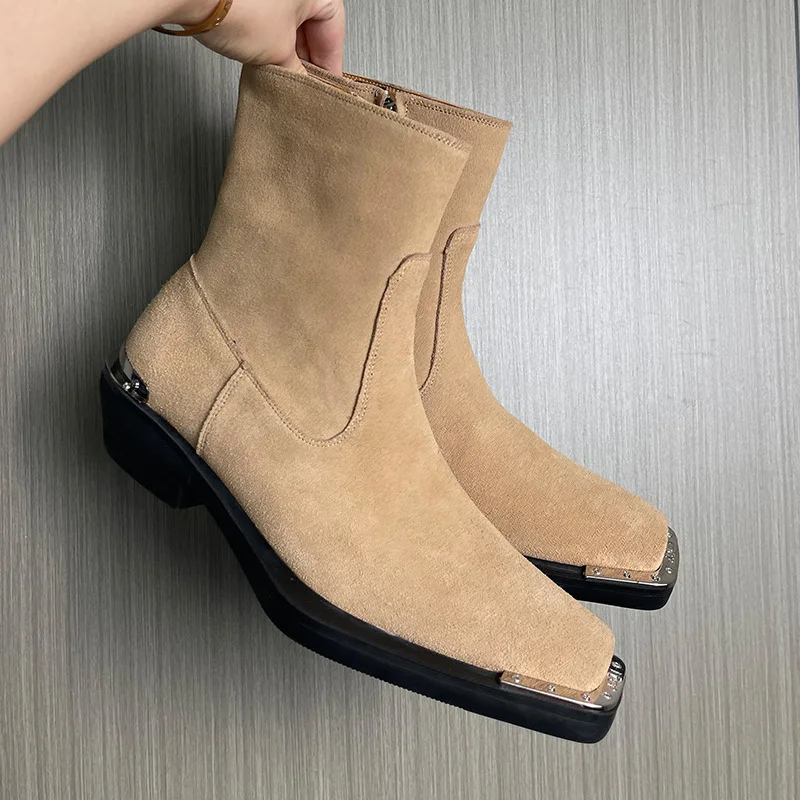 Brand Chelsea Boot Man Dress Up Platform Heels High Top Ankle Suede Leather Shoes Luxury Vintage Designer Shoes Black