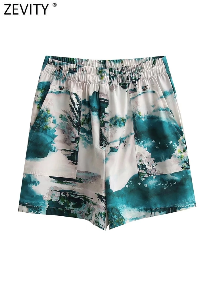 ZEVITY New Women Fashion Ink Painting Floral Print Bermuda Shorts Lady Elastic Waist Pocket Shorts Chic Pantalone Cortos P1285