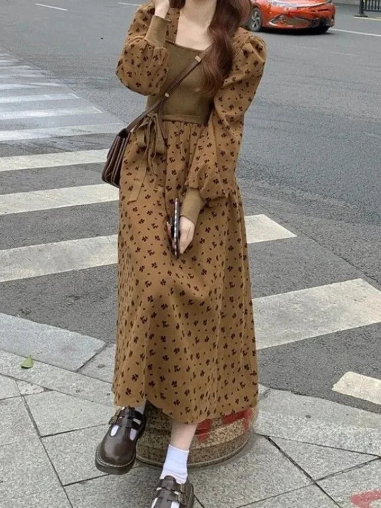 ชุดเดรสไหมพรมลายดอกไม้ คอเหลี่ยม สไตล์เกาหลี สำหรับผู้หญิง ฤดูใบไม้ผลิ ฤดูใบไม้ร่วง แบบ 2 ชิ้นในตัวเดียว
