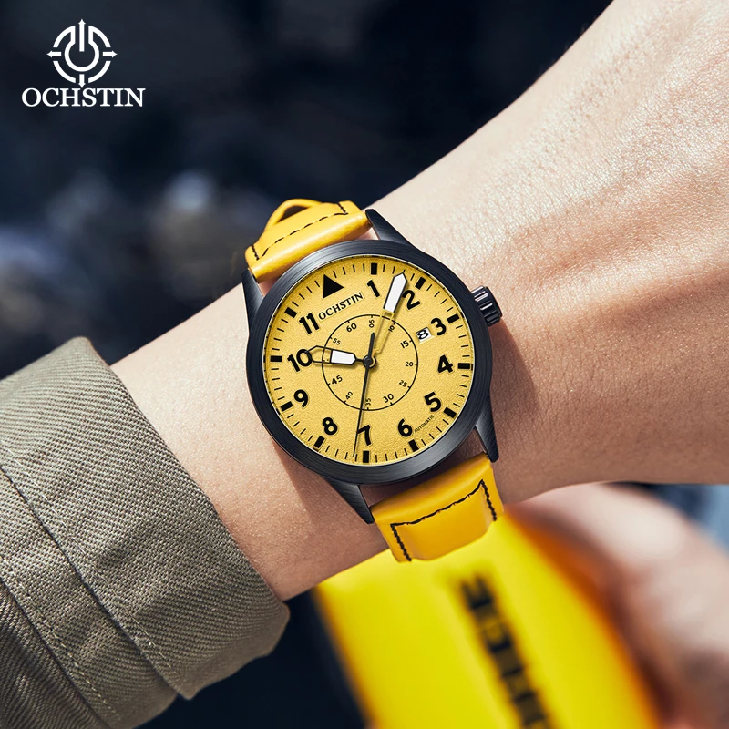 Imagem -03 - Ochstin-relógio Masculino Clássico com Pulseira de Couro Relógio Mecânico Masculino Calendário Luxo e Moda Marca Superior Novo Amarelo