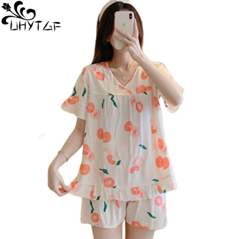 

UHYTGF Pajama Set Women Print Cotton Silk Breathable Summer Two-Piece Suit Sleepwear Female Short-Sleeved Thin Home Clothes 2468