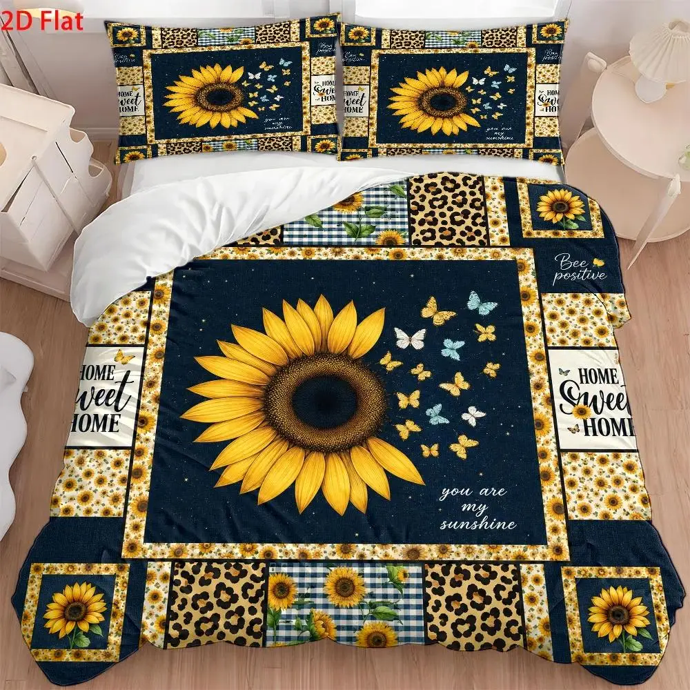3Pc Sunflower Print Quilt Cover Set, Three-Piece Bed Set (1*Quilt Cover + 2*Pillowcases), Quilted Quilt Cover, Bedroom Decoration, Zipper Closure, Soft and Comfortable, Double Bed Bedding, Suitable for All Seasons, Modern Minimalist, Light Luxury Style, Skin-Friendly and Breathable, Easy to Clean and Durable, Wrinkle-Resistant, Machine Washable, Bedding Set Combination, Cozy Home, Student Dormitory, Nordic Style, Suitable for Home/Dormitory/Master Bedroom/Guest Room