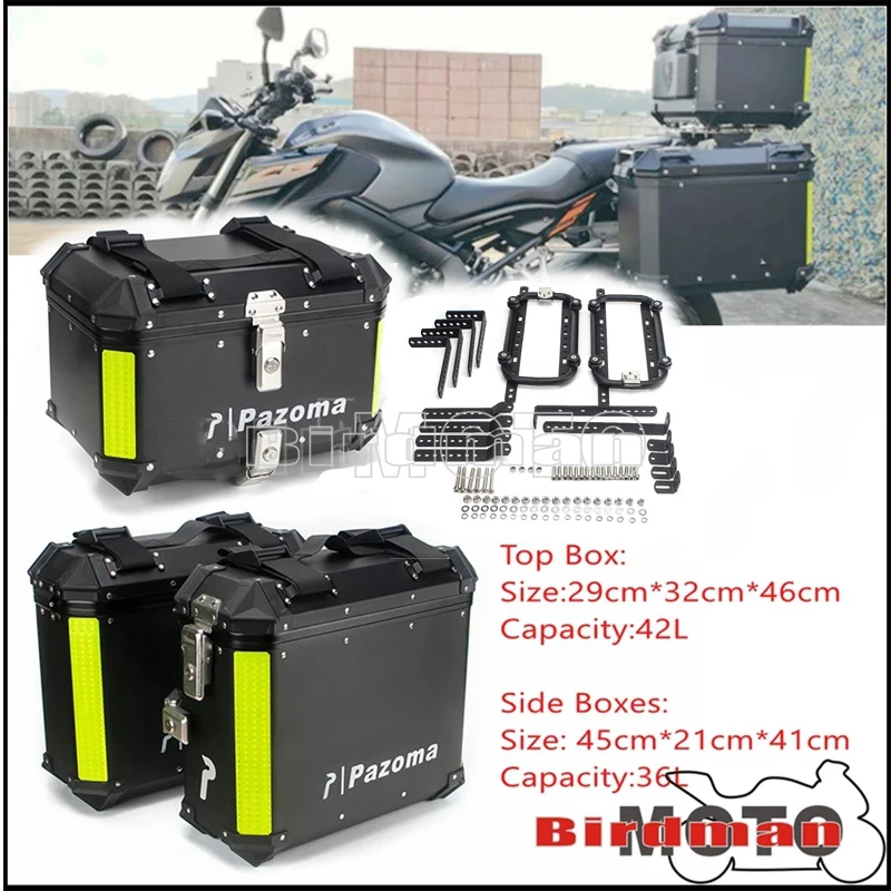 Aluminum Motor Side Pannier Case 42L Top Case Trunk Box 36L Side Cargo Tail Top Box w/ Quick Release Mount Toolbox Waterproof