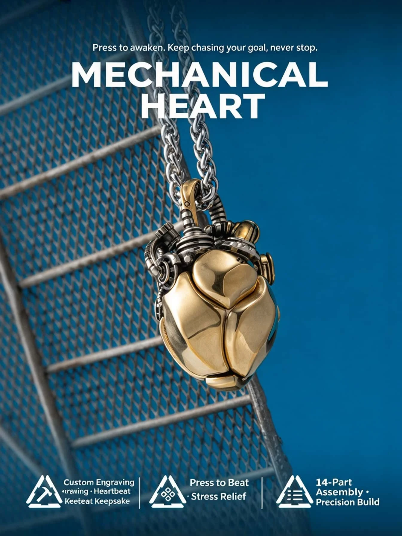 Steampunk Mechanical Heart Fidget Toy Press to Beat Stress Relief Metal Keychain Pendant 14 Parts Assembly Men's Gift