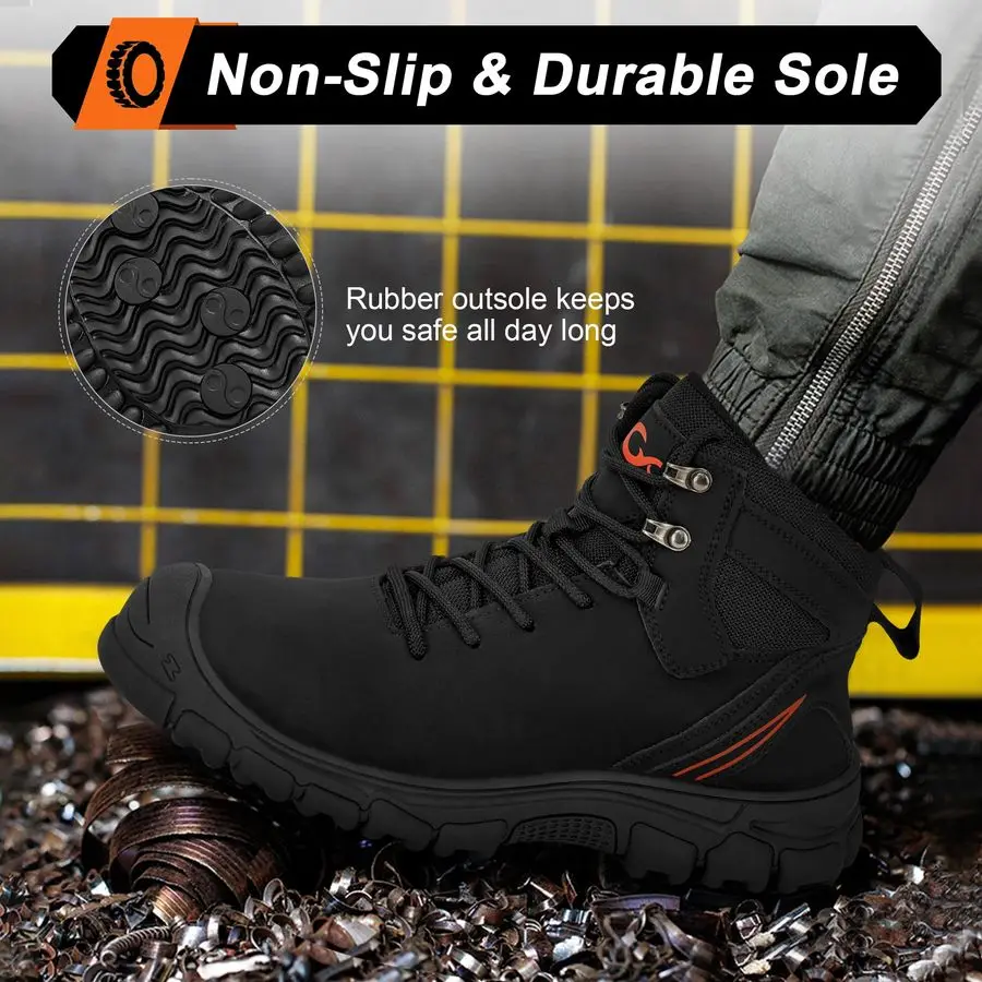 Mens Steel Toe Boots Slip Resistant Puncture Safety Work Shoes Waterproof Comfortable Composite Toe Walking Footwear