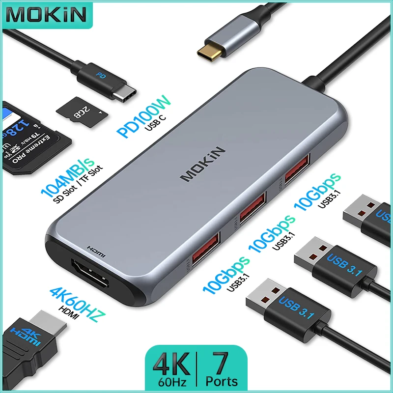 MOKiN 7 in 1 Docking Station - USB3.1, HDMI 4K60Hz, PD 100W, SD, TF - Compatible with MacBook Air/Pro, iPad, Thunderbolt Laptop