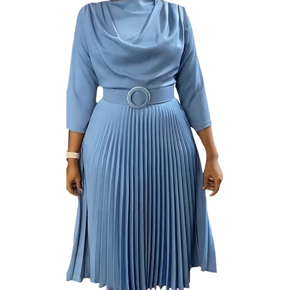 JENYAGE Damen Einfarbiges, schlichtes, fließendes Midikleid mit Wasserfallausschnitt, 3/4-Ärmeln und plissiertem Rock, mit Gürtel mit Schnalle, elegantes, formelles Partykleid – Detail 11
