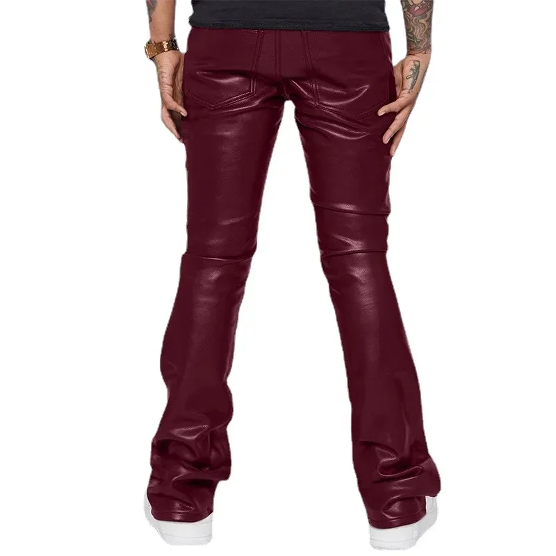 2024 Fall Winter Motorcycle Micro Elastic Black Men\'s Leather Pants , Red Plus Size Medium Waist Loose Casual Hip-hop PU Pants