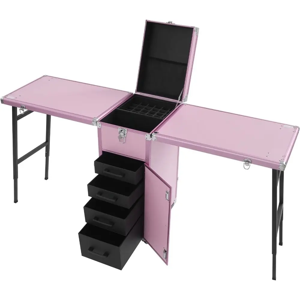 

Портативный футляр для макияжа с колесами, розовая настольная станция с 4 ящиками для маникюра