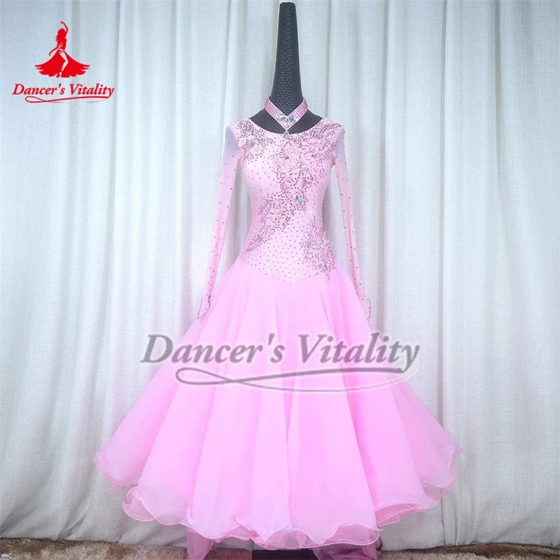 Women Waltz Pink AB Stones Long Sleeves Big Swing Dress Dancer's Vitality Adult Social Dance Practice&Match Clothing Customize