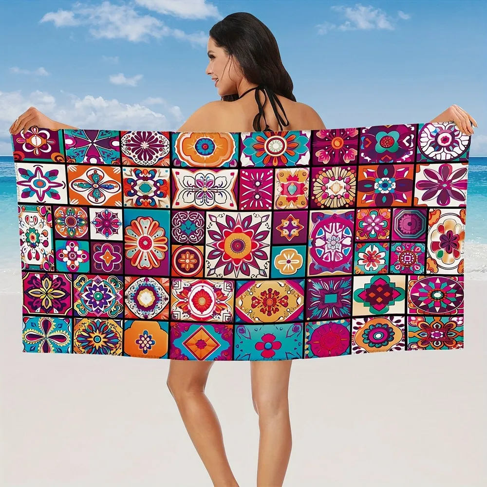 Bohemian Floral Tile Beach Towel Patterned Sunscreen And Windproof Suitable For Swimming Pool Camping Travel Blanket
