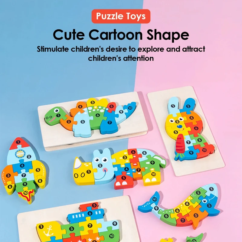 Rompecabezas 3D de madera para niños, rompecabezas educativo de animales de dibujos animados, aprendizaje temprano, inteligencia cognitiva, juguetes