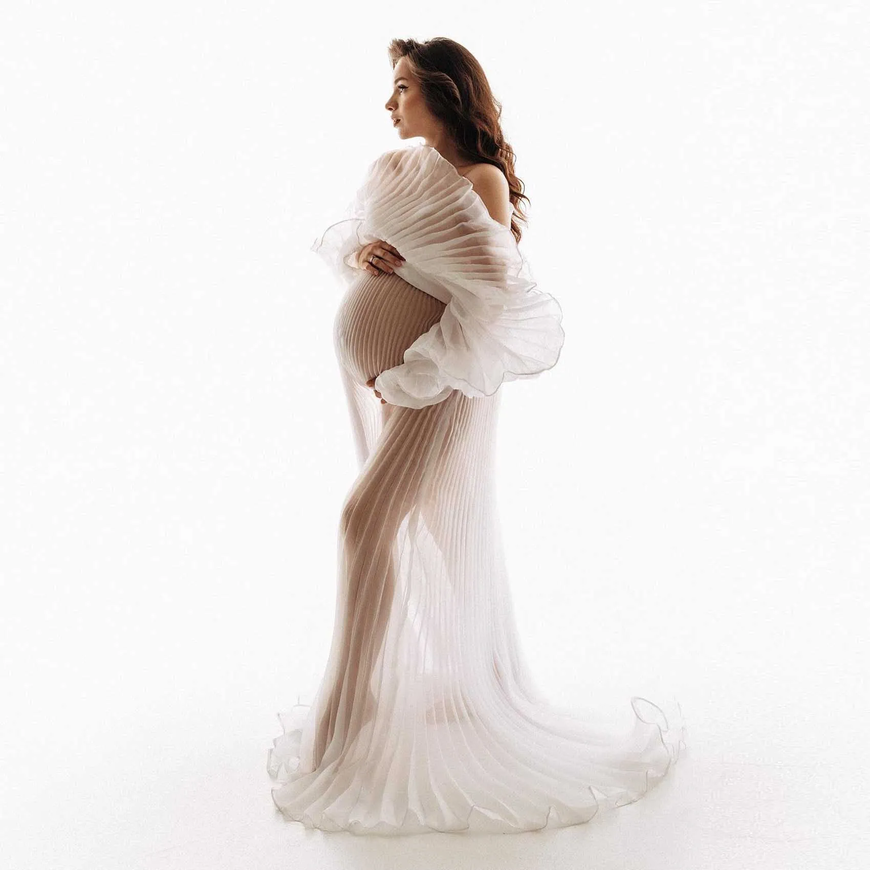 Venda quente Branco Plissado Vestidos para Grávidas Photoshoot пла Avyе для бем dikrosoft ver através de organza vestidos para grávidas vestido de chá de bebê