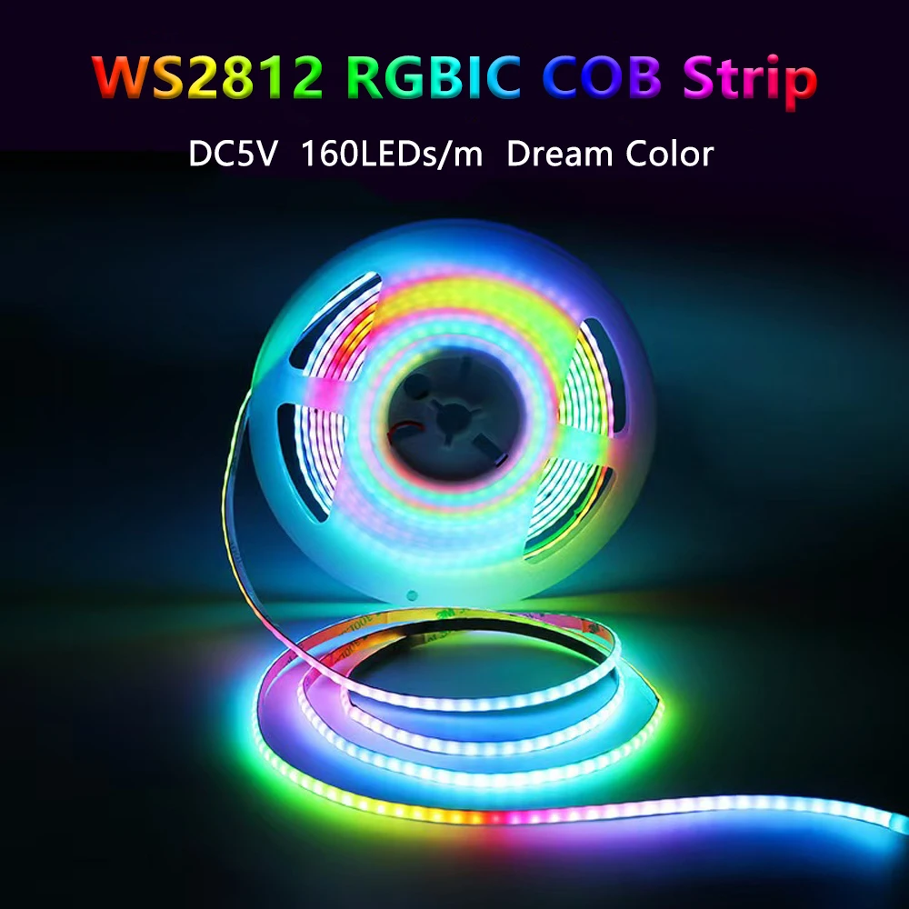 DC5V WS2812 Individually Addressable COB Led Strip Light Luces FOB RGBIC 160Led/M High Density Flexible Pixel Lights 5mm PCB