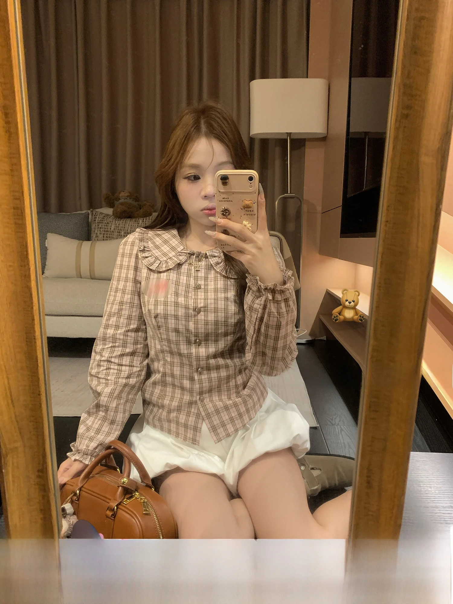 

DDXZ Youthful College Sle Ruffle Long Sve ort irt Женский воротник в клетку irt Ele Свободная повседневная одежда