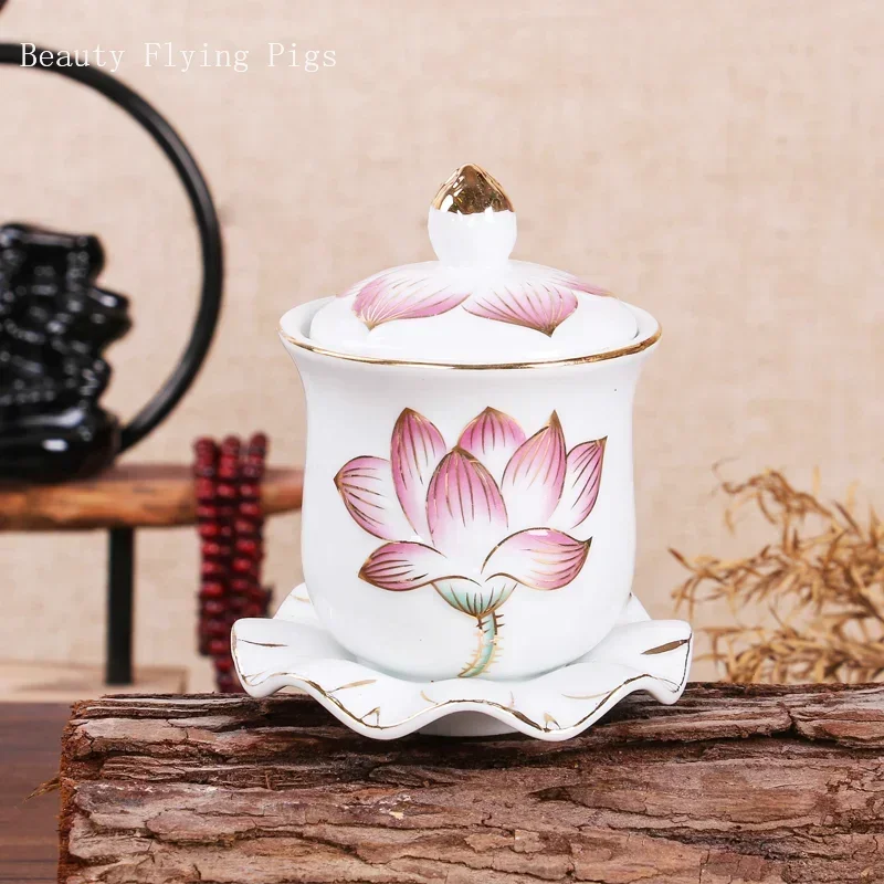 Ceramic Household Offering Holy Water Cup Guanyin Lotus Water Purification Cup God of Wealth Tribute Cup Buddhist Supplies