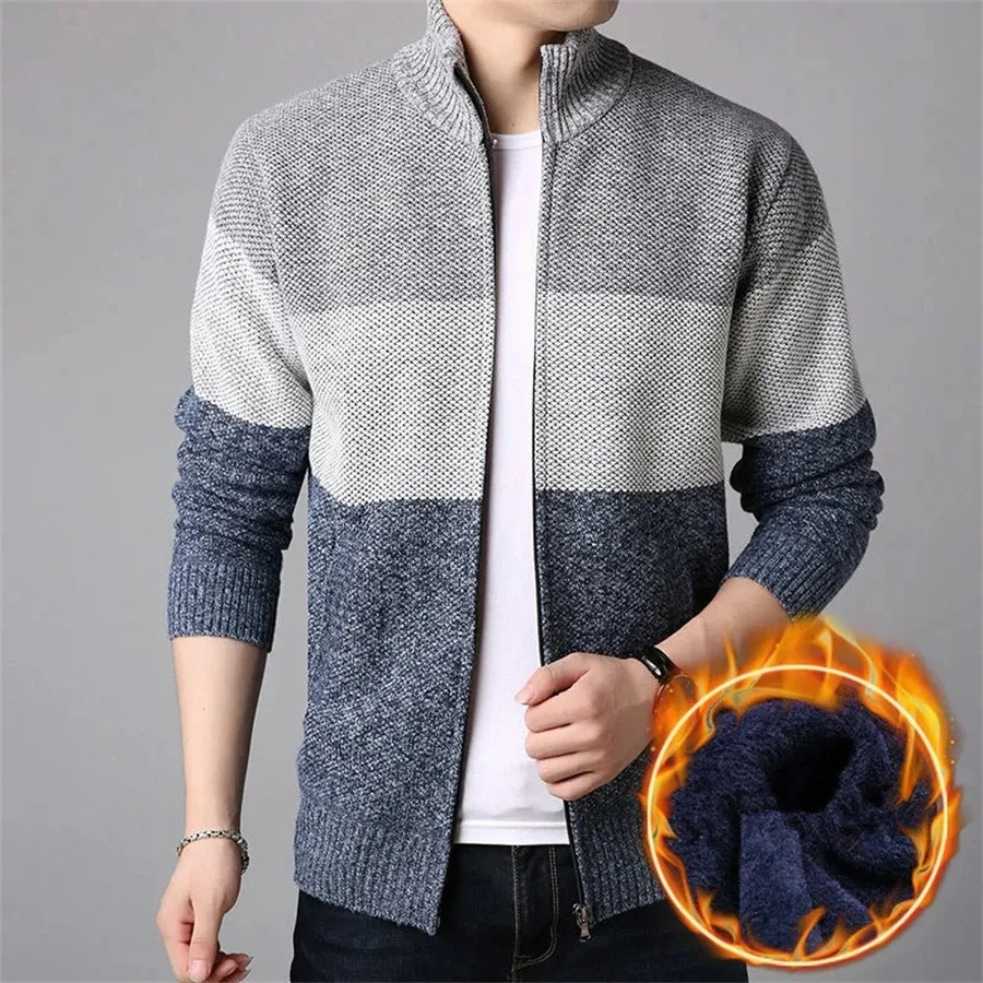 

Patchwork Autumn Winter Sweaters for Men Thick Warm Cardigan Men's Clothing Zipper Oversize Coat Male Stand Collar Knit Jacket