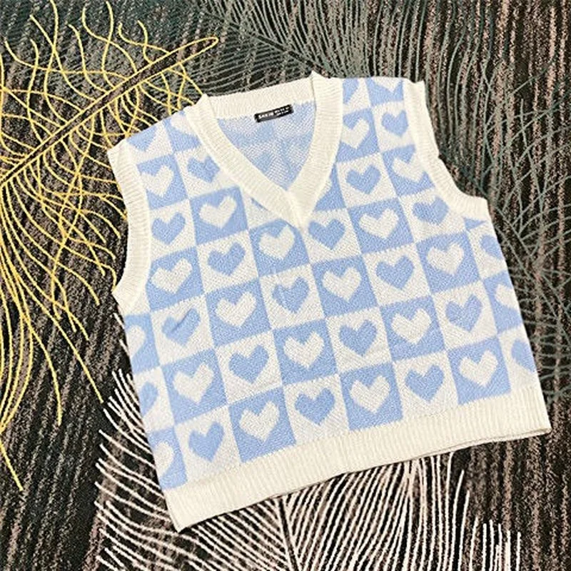 KOSAHIKI Classic Heart Plaid Knitted Sweater Vest Women 9 Colors Crop Loose Waistcoat Y2k Harajuku Autumn Hip Hop Knitwear Tops