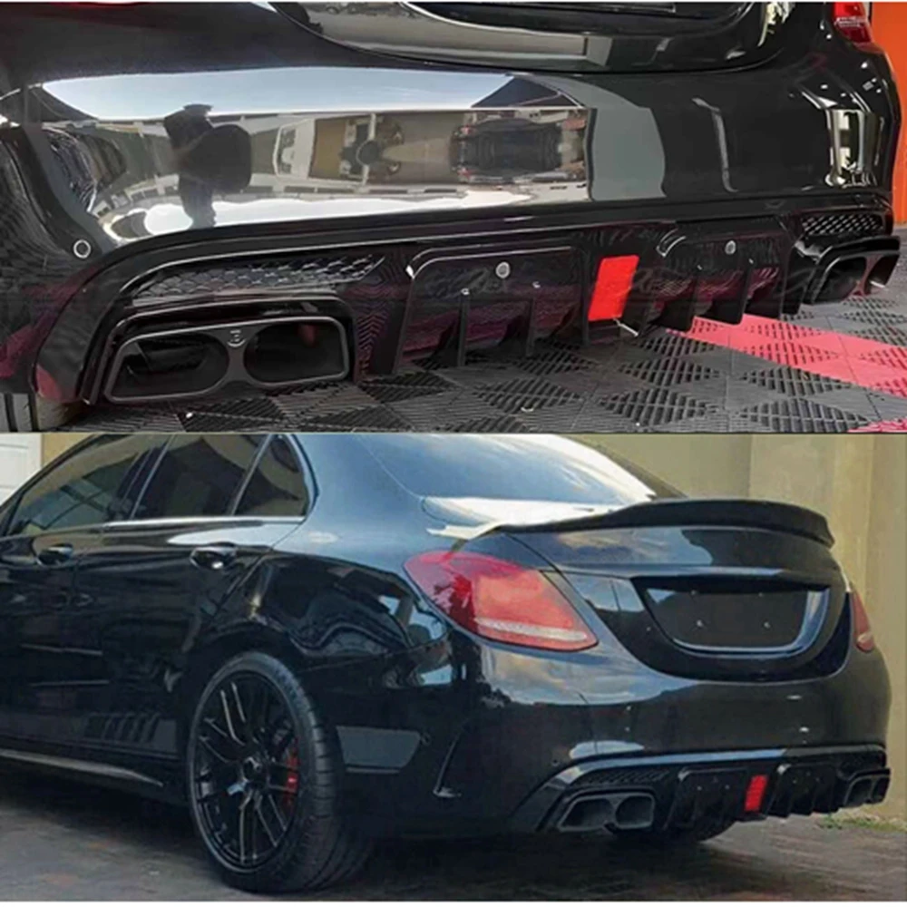 Diffuser + Exhaust Tips C63 Style FOR Mercedes Benz C Class W205  C205 S205 AMG 4 Door Line Rear Bumper Diffuser Lip 2015 -2020