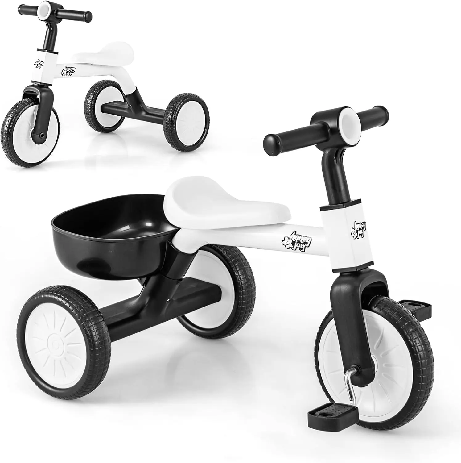 Driewieler, 3-In-1 Peuter Balansfiets Met Lichtgewicht Koolstofstalen Frame, Verwijderbare Pedalen En Opbergmand, Witte Babyfiets Peuters