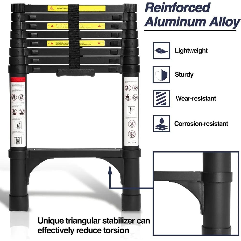 8.5 FT Aluminum Telescoping Ladder, Lightweight Multi-Purpose Collapsible Extension with 2 Triangle Stabilizers