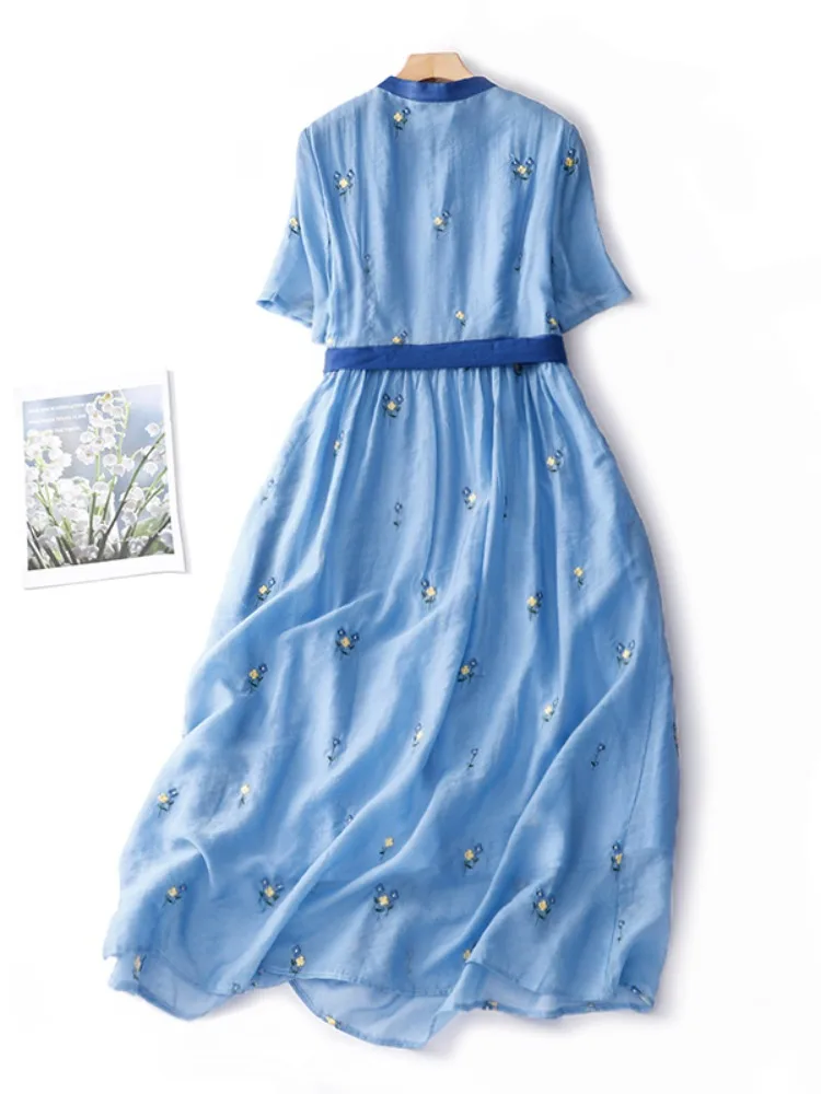 Retro ricamo floreale in cotone Lin ort Sve Dr Cintura dimagrante estiva da donna Grande altalena in lino lungo Dr