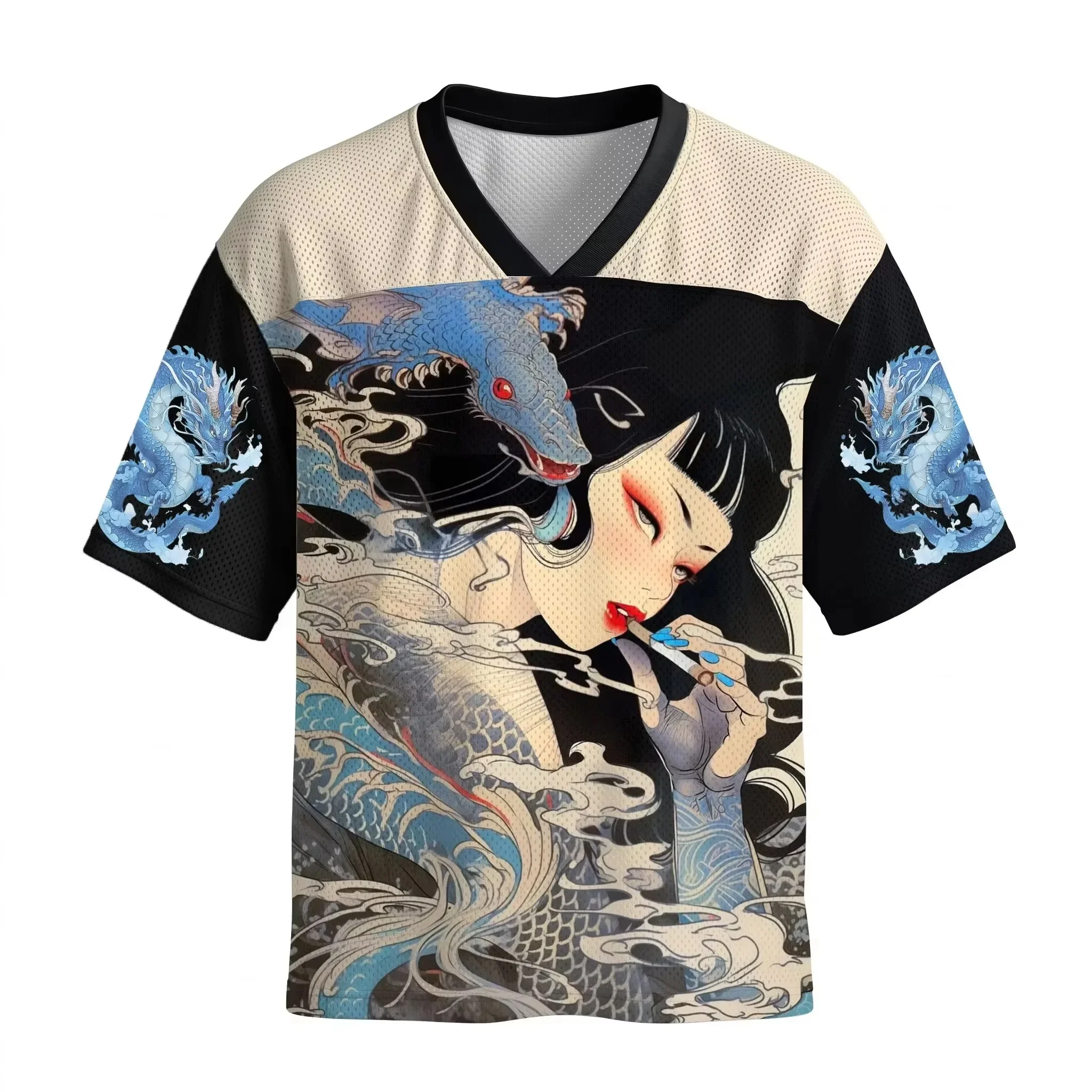 Retro Ukiyo-e Japanese Geisha Pattern 3D Print Breathable Men's Women's V-neck Loose Large-sized T-shirt for Street Casual Wear
