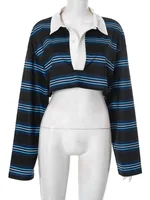 FDYOUI Vintage Polo Shirts Women 2026 Retro Long Sleeve Striped Cropped Tops Streetwear Ladies Casual T-shirt Sports Golf Wear - Image 5