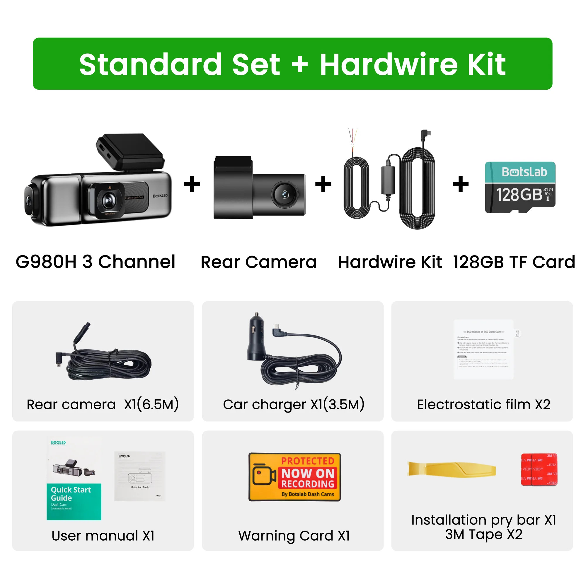 Botslab G980H-3-kanaals dashcam 4K met 128GB geheugenkaart, 3.18 inch touchscreen, spraakbediening, 4K dashcam met lusopname voor en achter, 5.8 GHz wifi, GPS, nachtzicht, WDR en parkeermodus