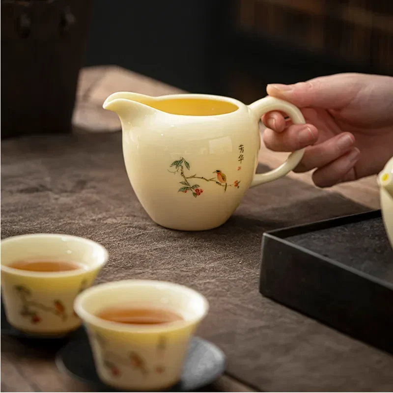 240ml Chinese Handmade Ceramic Fair Cup Cha Hai Hand Painted Flower and Bird Teacup Household Suede Jade Porcelain Tea Set