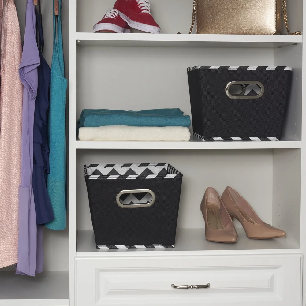 Set of 2 Decorative Fabric Storage Bins Grommet Handles Tapered Design Black Chevron Pattern Ideal Organizing Clutter