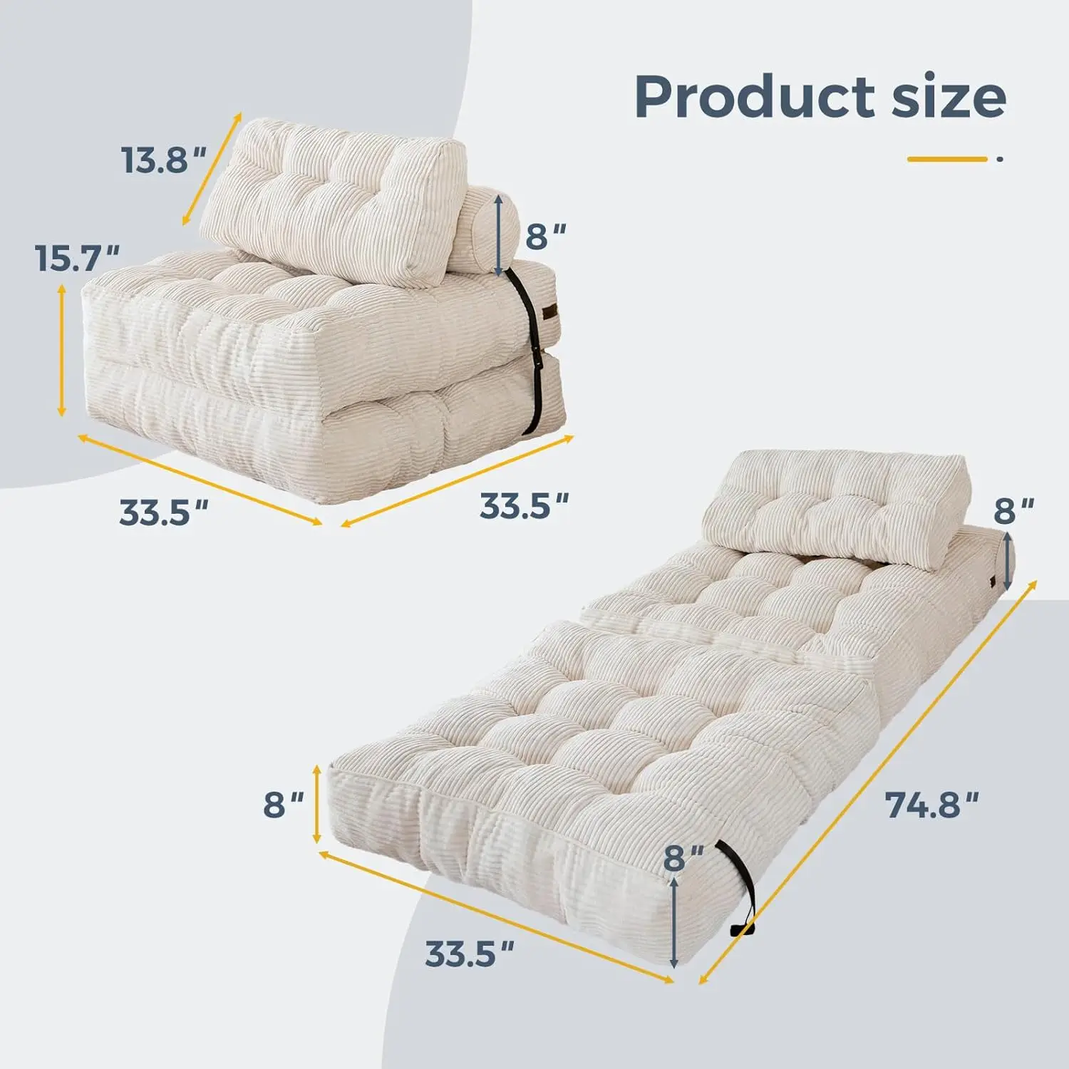 Folding Sofa Bed, Convertible Sleeper Chair with Pillow Foldable Mattress with Back Support