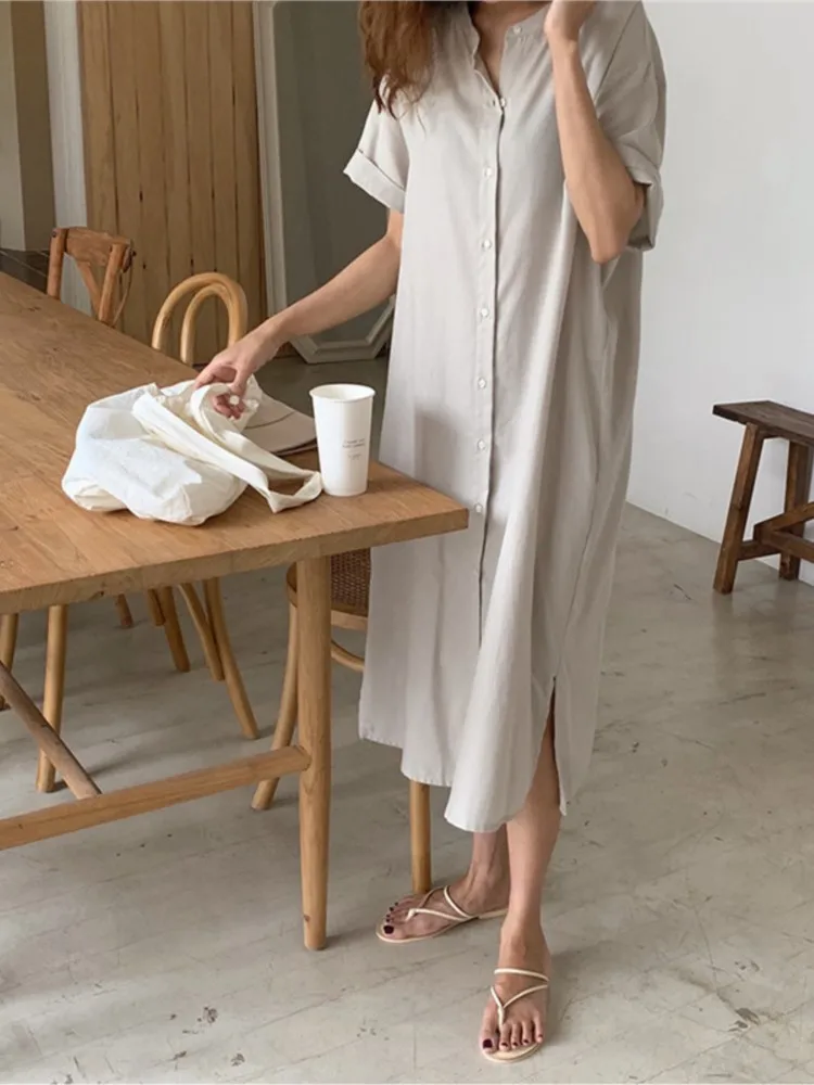 Over Size Summer Loose Slit Long Shirt Dress Women Single Breasted Short Sleeved Temperament Cotton Linen Ladies Dresses