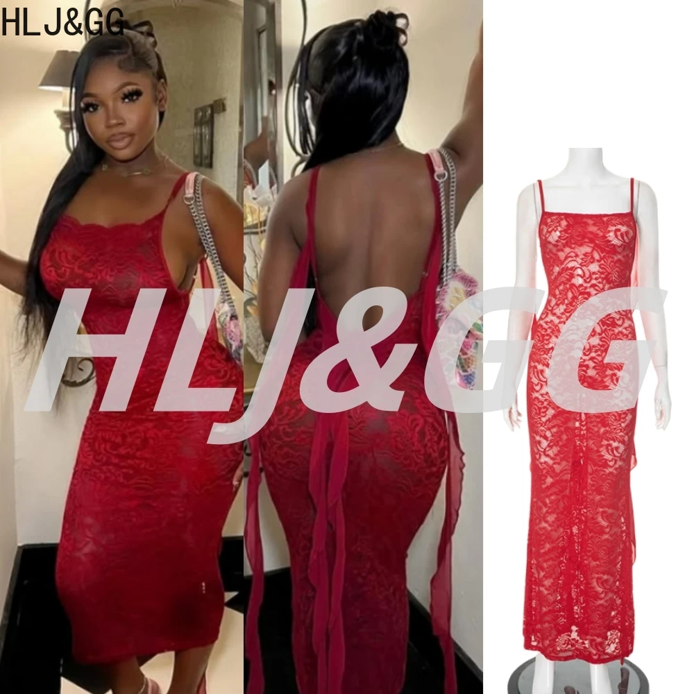 

HLJ&GG Sexy Lace Hollow See Though Spaghetti Strap Long Dresses Women Sleevleess Backless Irregular Bodycon Vestidos Clubwear