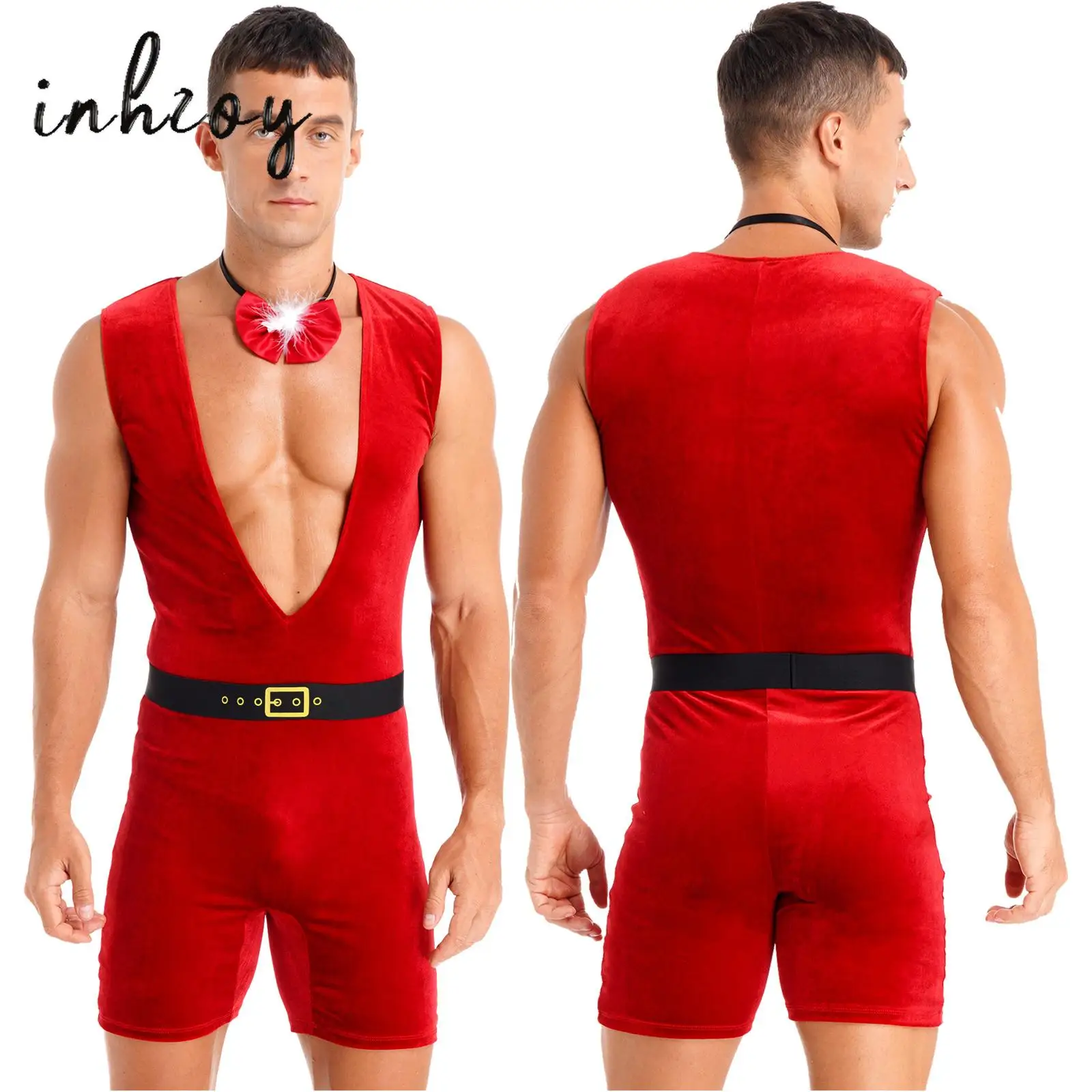 Mens Sexy Christmas Costume Deep V Neck Sleeveless Velvet Bodysuit Jumpsuit Outfit New Year Santa Claus Underwear Clubwear